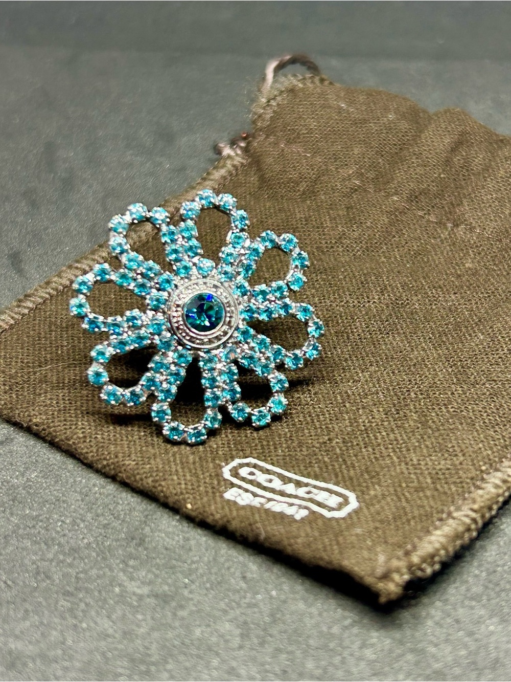 Coach Turquoise Crystal Flower Statement Cocktail Ring